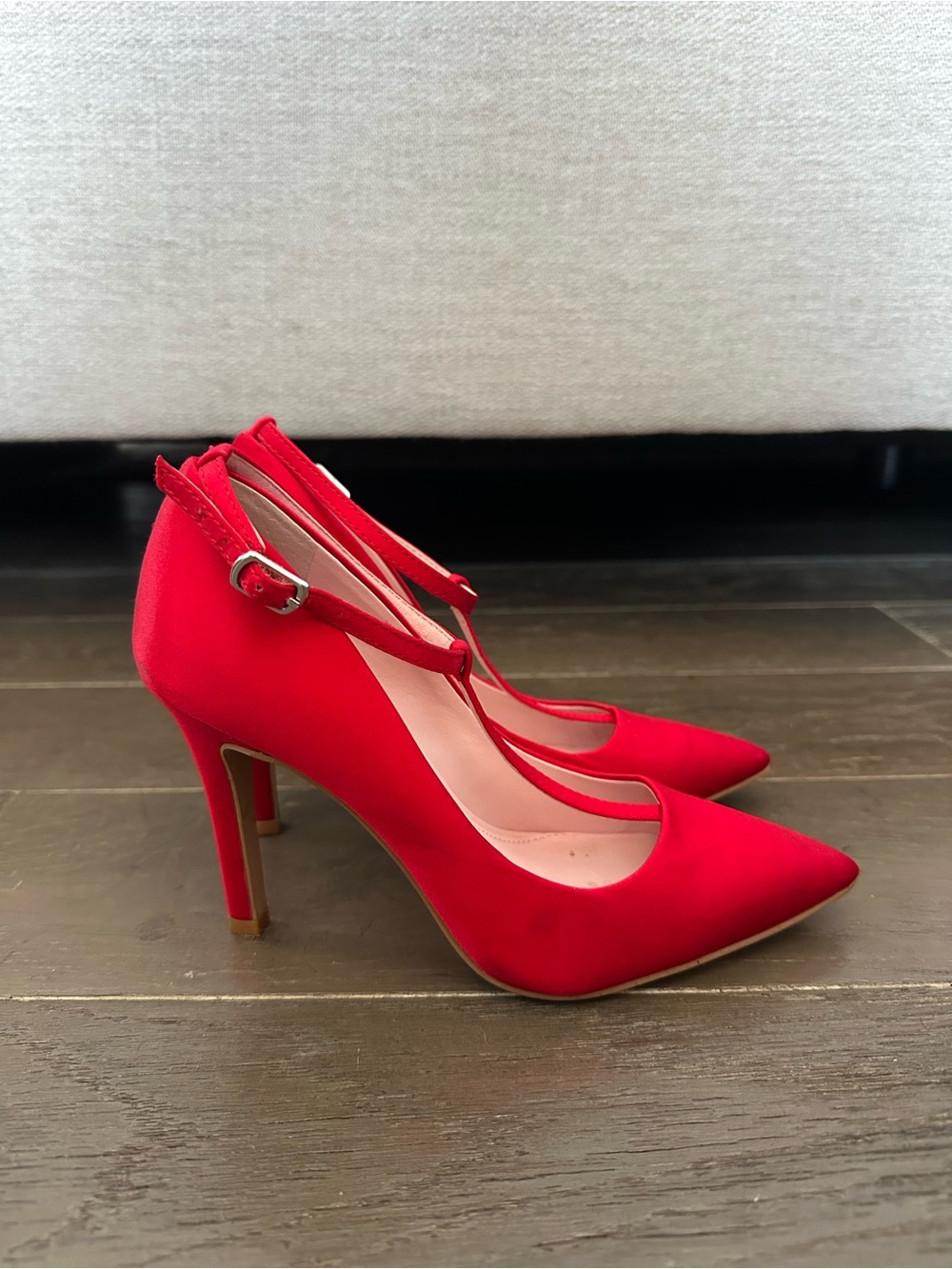 Red T-Strap Pointed Toe Pumps - Women